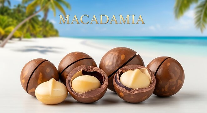 Macadamia nuts on a tropical beach background