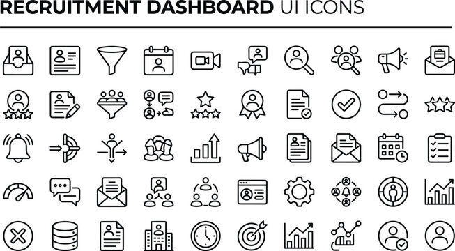 Recruitment dashboard user interface outline icon set with hiring analytics candidate management screening and human resources workflow vector collection
