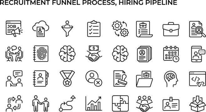 Recruitment funnel process and hiring pipeline outline icon set with candidate selection screening interview workflow and human resources vector collection