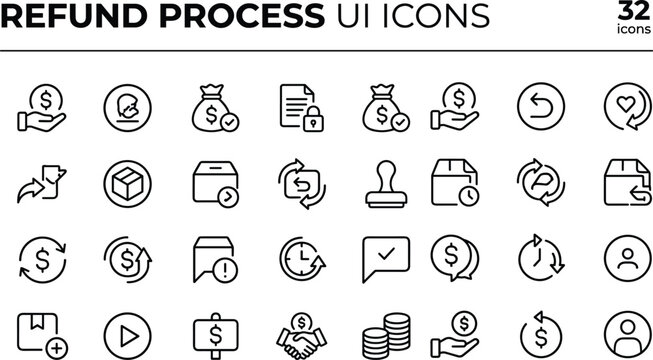 Refund process user interface outline icon set with payment return transaction approval and ecommerce finance workflow vector collection