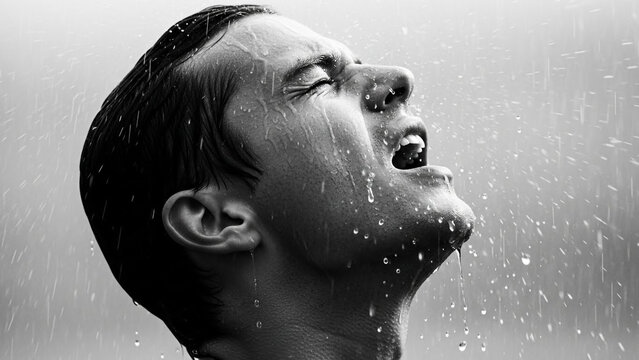Closeup portrait of a young man with eyes closed standing in the rain