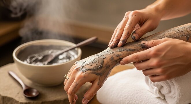 Close-up of hands applying therapeutic mud to an arm in a spa setting.