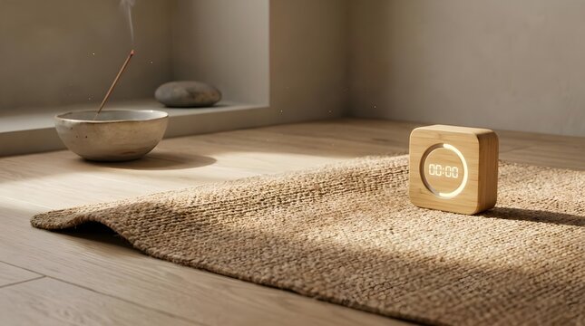 Peaceful yoga breathing setup with minimalist timer and earthy textures