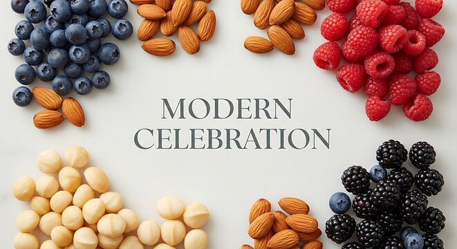 Healthy snack mix of fresh blueberries, raspberries, blackberries, macadamia nuts, and almonds isolated on white background