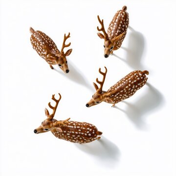 Four small spotted deer figurines with antlers casting shadows on a white surface, arranged in a scattered pattern.