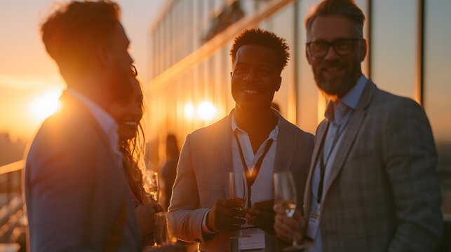 Diverse business professionals networking at rooftop sunset reception with champagne glasses and warm evening light