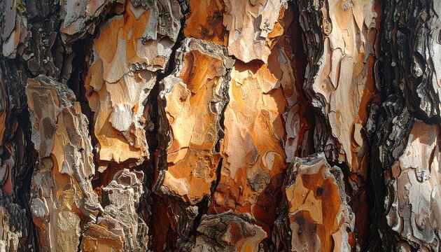 Close-up of a tree's bark, showcasing intricate textures and warm, earthy colors. Sunlight illuminates the details, adding depth and shadow