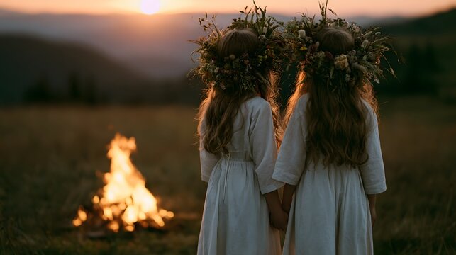 Two young girls in white dresses and flower crowns holding hands near midsummer bonfire at sunset