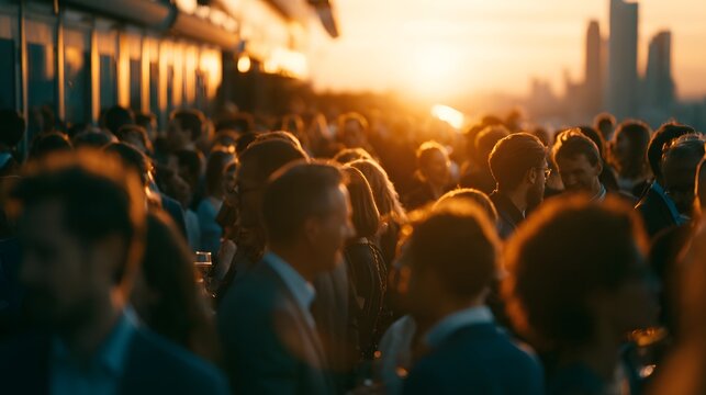 Business professionals networking at crowded sunset reception with warm city light and corporate event atmosphere