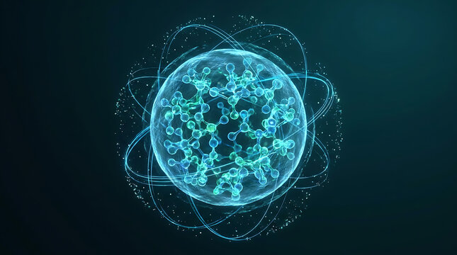Glowing blue molecular structure on dark background with orbiting particles and lines around it forming an atomic model