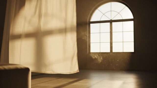 Sheer curtain blowing by arched window in dusty sunlit room