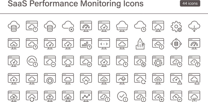 SaaS performance monitoring icon set in modern outline style for cloud analytics dashboard interface and software tracking systems