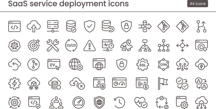 SaaS service deployment icon set in modern outline style for cloud infrastructure dashboard interface and application delivery systems