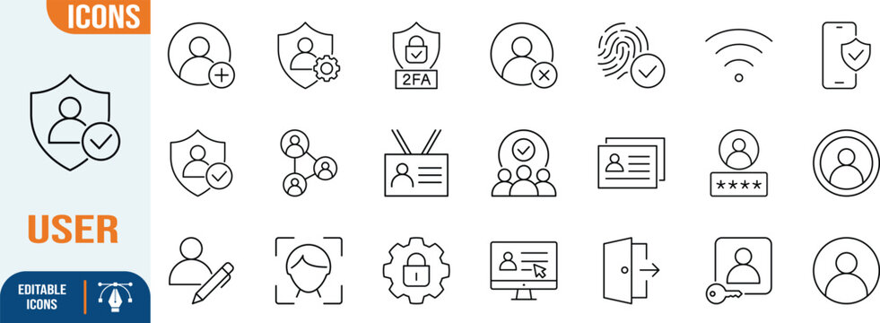 User account security outline icons. user icon set, shield icon set, fingerprint icon set