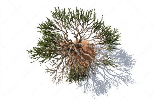 A top-down view of a small green shrub growing from a rocky surface, casting a detailed shadow on a white background.