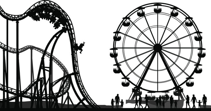 Black and white silhouette illustration of a rollercoaster and ferris wheel at an amusement park with families