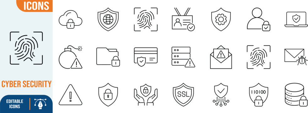 Cyber security data protection vector icons. shield icon set, fingerprint icon set, cloud icon set