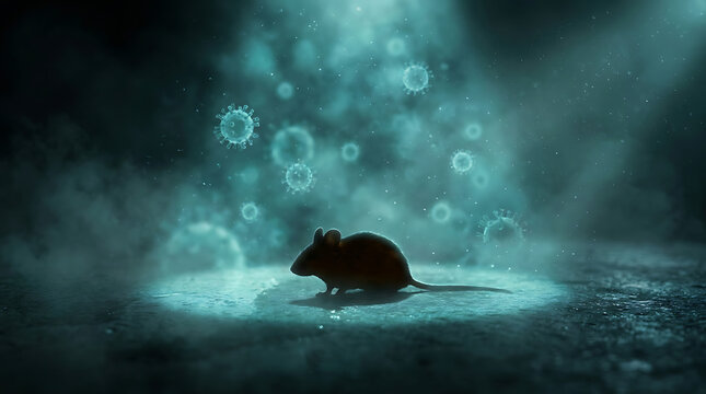 A silhouette of a mouse standing on a glowing blue surface surrounded by floating blue virus particles in a dark environment with a beam of light shining down