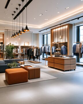 A modern, well-lit clothing store interior featuring wooden display racks, hanging lights, and a cozy seating area with a warm, inviting atmosphere.