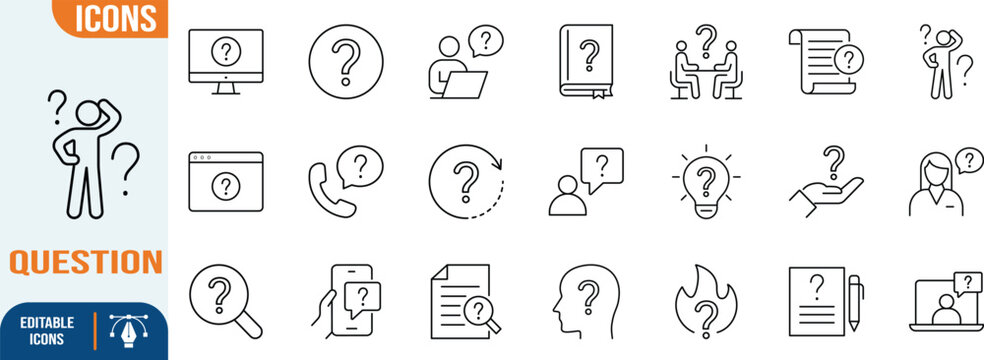Help support frequently asked questions icons. question mark icon set, computer icon set, phone icon set