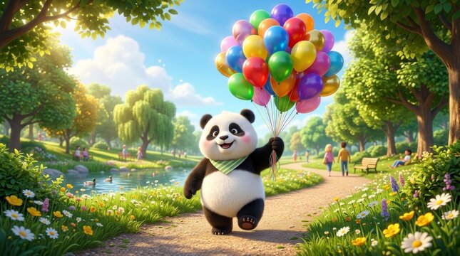 Cute Panda Holding Colorful Balloons in a Bright Sunny Park