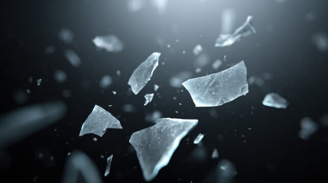 Shattered ice fragments floating in dark space with light effects