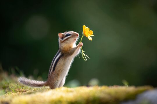 Adorable chipmunk holding a delicate yellow flower in its paws