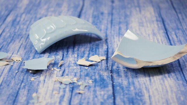 Blue plate pieces are on a wooden table