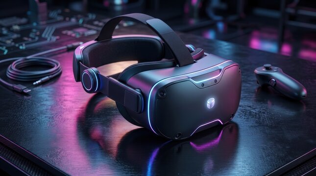 A VR headset rests on a dark wooden table, illuminated by vibrant neon lights. A gaming controller sits beside it, and a cable connects the headset to a computer.