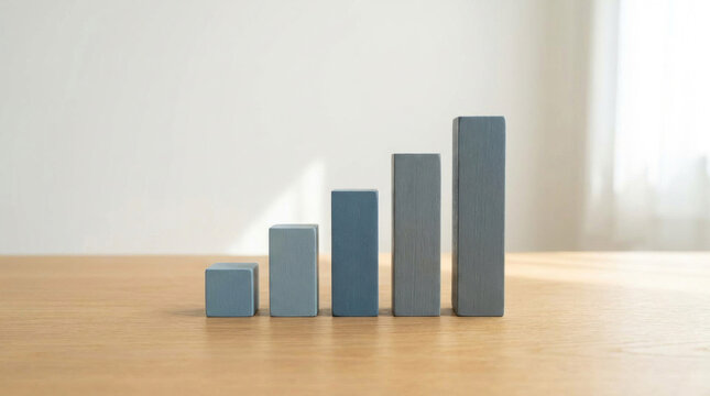 A set of wooden blocks arranged to resemble a bar graph. The blocks are stacked in decreasing size, representing data growth.