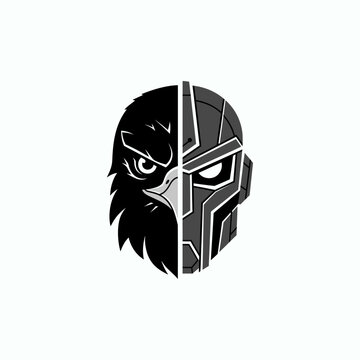 Eagle cyborg face logo, unique combination of a majestic eagle head with futuristic robot mask, representing power, precision, and modern technology.