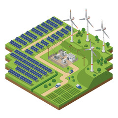 Fototapeta premium Isometric view of renewable energy farm with solar panels and wind turbines