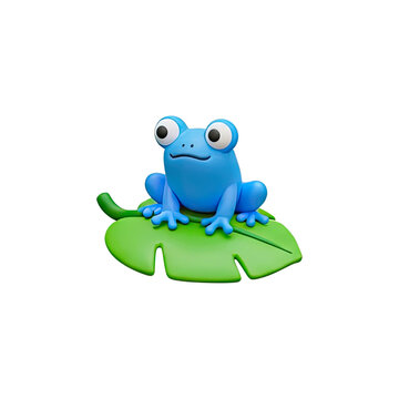 A cute, cartoon blue frog sits on a green lily pad. The frog has large, expressive eyes and a friendly expression.