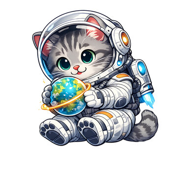 Sweet cat astronaut holding glowing planet, isolated sci fi animal illustration for space theme.