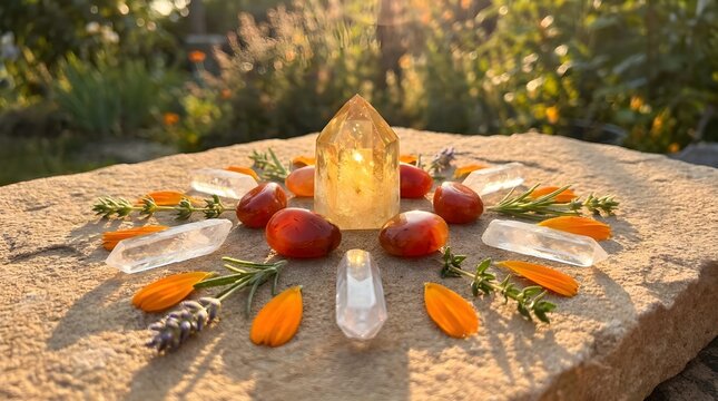 Crystal Grid for Litha with Citrine Carnelian and Clear Quartz Stones