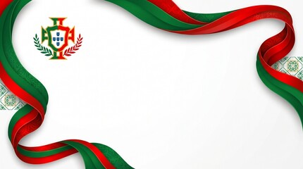 Fototapeta premium Minimal Portugal themed championship banner with flowing green and red ribbon, elegant layered curves and modern sports broadcast aesthetic on clean white background with large copy space