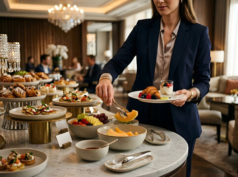 Business woman picking food from a luxury hotel breakfast buffet table