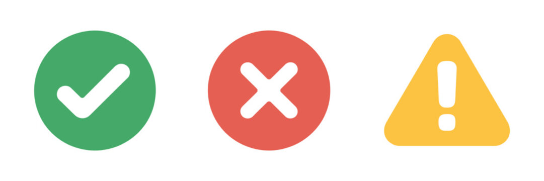 Success, Error And Warning Status Icons, Green Check Mark, Red Cross And Yellow Alert Triangle Indicators For User Interface Design.