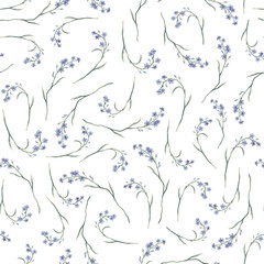 Fototapeta premium Watercolor seamless pattern with illustration green leaves and light blue forget-me-nots. Wildflowers herbs flowers. Wedding invites, fashion, prints, backgrounds. Mono floral pattern
