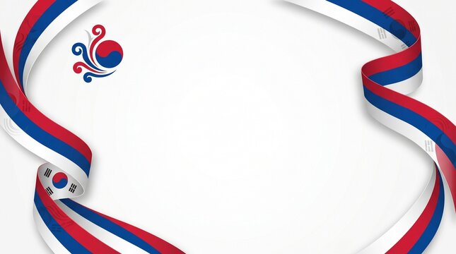 Minimal South Korea themed championship banner with flowing red blue and white ribbon, taegeuk-inspired patterns and modern sports broadcast composition with large white copy space.

