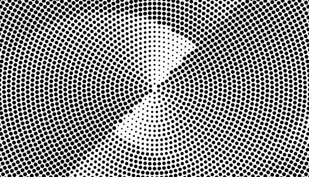 Abstract black and white halftone dot radial spiral pattern illustration
