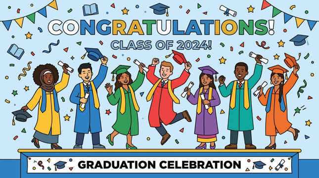 Graduation Celebration Congratulations Class of 2024 Diverse Students Toss Caps and Diplomas