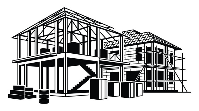Black and white silhouette of two houses under construction with exposed framing and scaffolding against a transparent background.