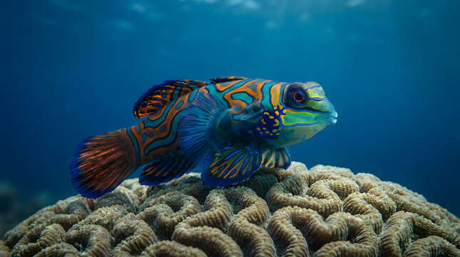 Exotic Mandarinfish Exploring Coral Surface