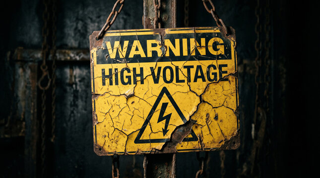 Old rusty warning high voltage sign hanging on chains in dark industrial setting.