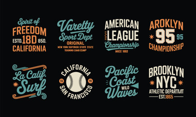 Fototapeta premium Varsity Sports Typography and College League Badge Set for T-Shirt Apparel Print Design