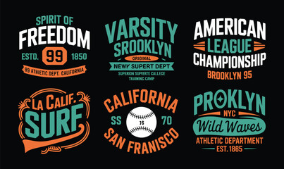 Fototapeta premium Varsity Sports Typography and College League Badge Set for T-Shirt Apparel Print Design