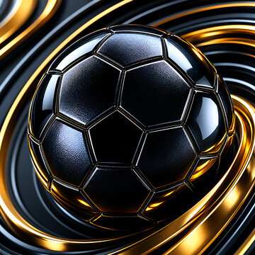 black soccer ball with metallic gold swirl on abstract sports backdrop