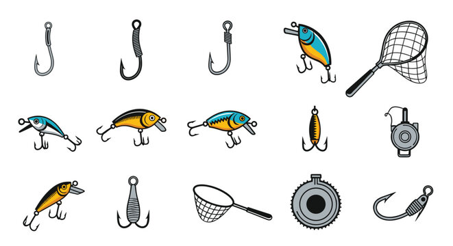 Comprehensive collection of fishing equipment icons including colorful lures, sharp hooks, landing nets, and reels in a detailed style.