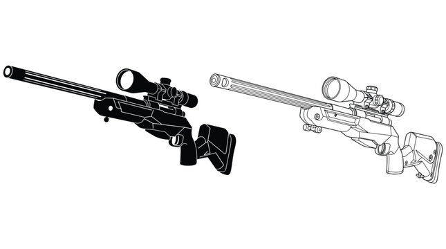Tactical sniper rifle silhouette and detailed outline drawing of long range bolt action precision firearm weapon.